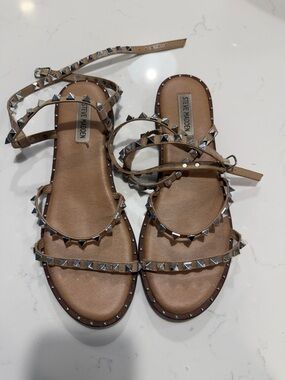 Steve Madden Tan Studded Ankle-Strap Flat Sandals